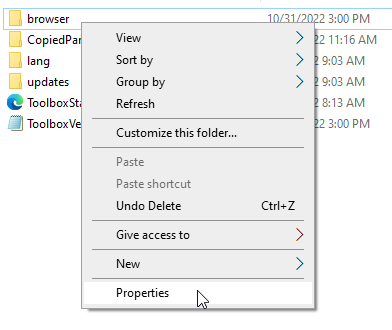 showing the right click menu when selecting on the browser folder