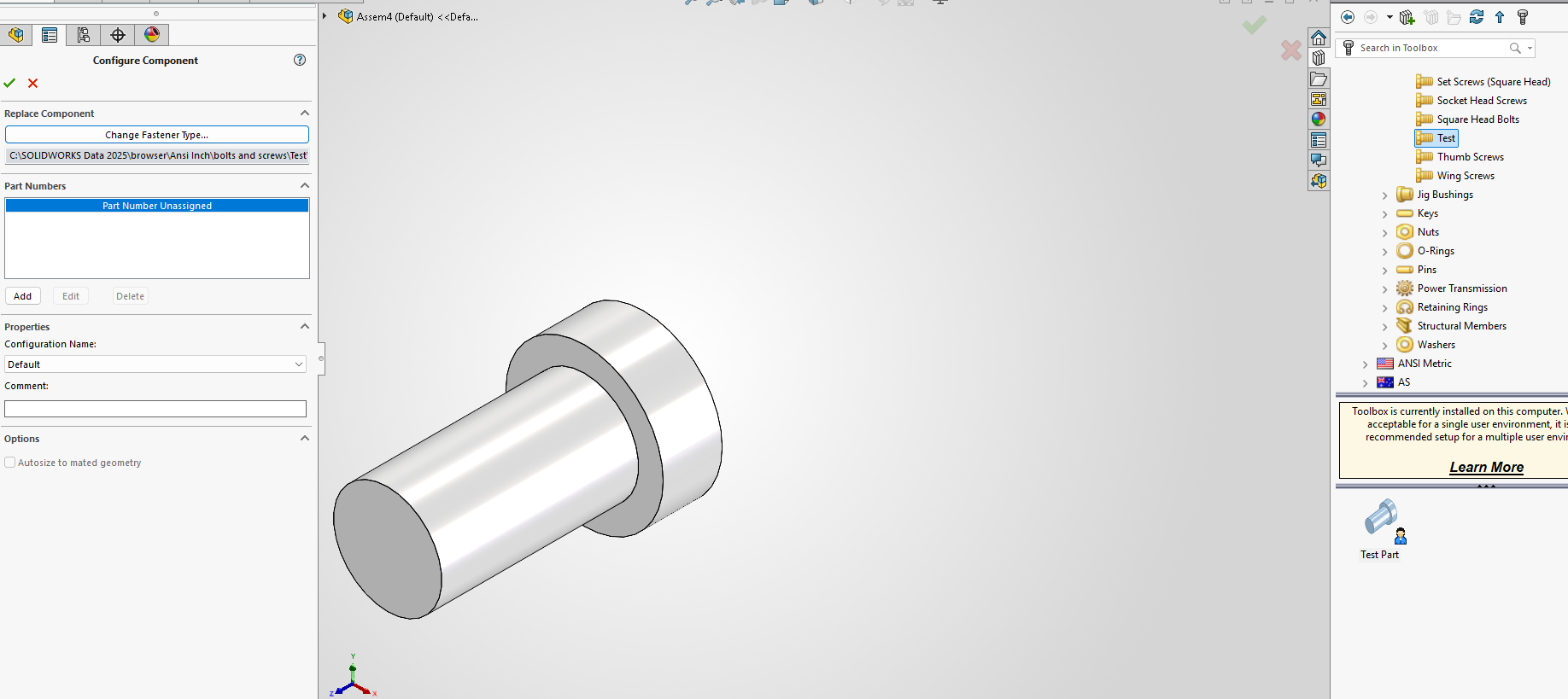 Example of new part being added from the toolbox