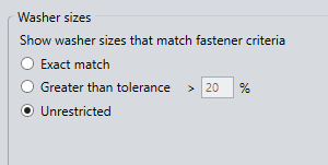Image of the washer sizes option in the dialog box with options