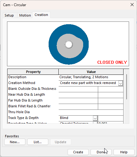 Creation tab for Circular Cam