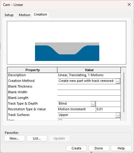 Creation tab for Linear Cam