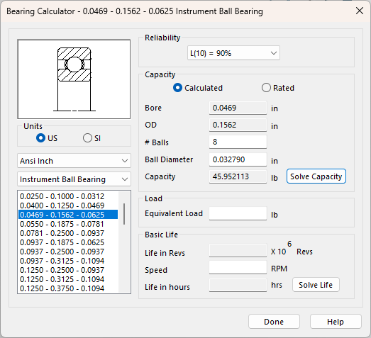 Bearing Calculator dialog box