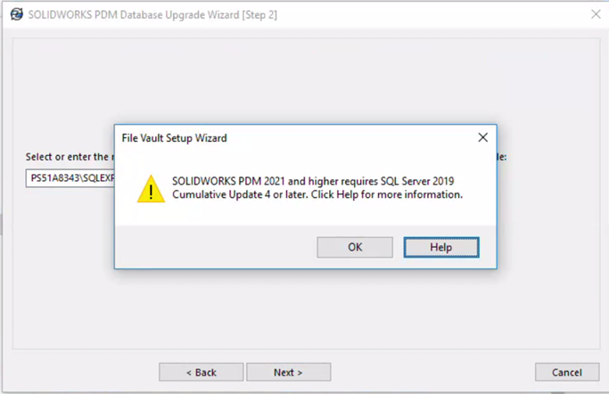 SOLIDWORKS PDM 2021 and higher requires SQL Server 2019 Cumulative Update 4 or later.