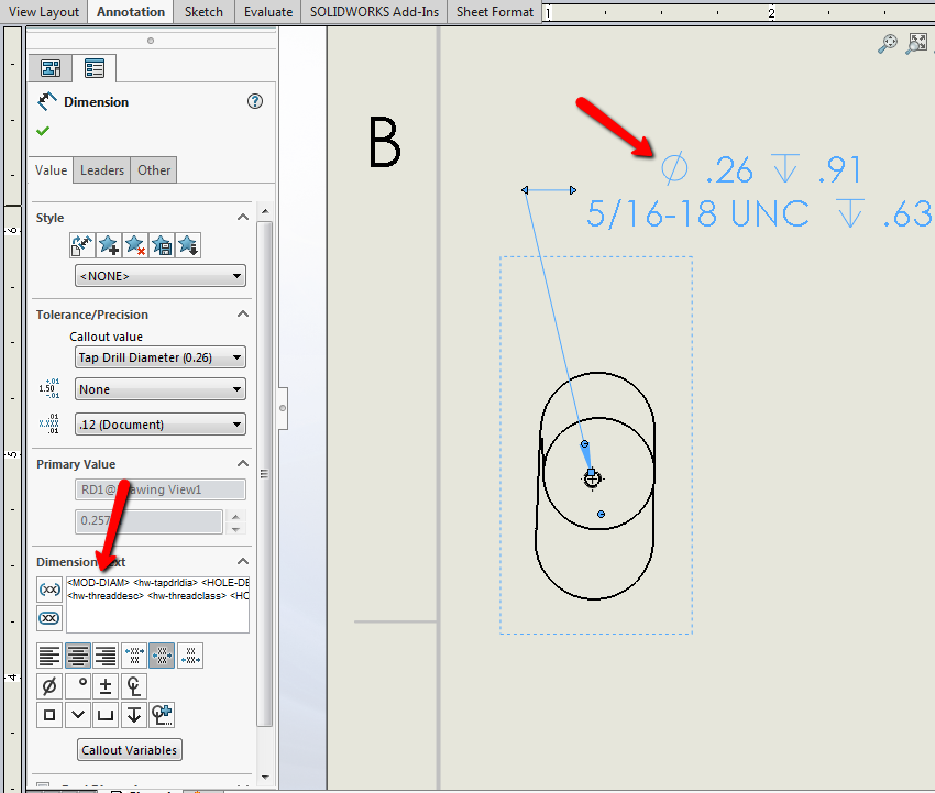 SOLIDWORKS Drawings Display Letter and Number Drill Sizes